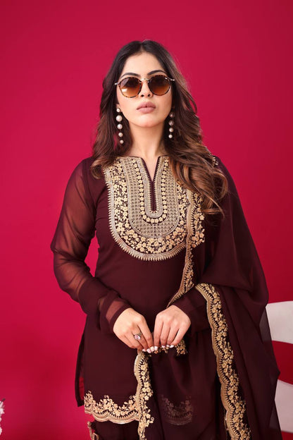 Ravishing Brown Color Blooming Faux Georgette With Heavy Embroidery Sequence Thread Work Palazzo Suit