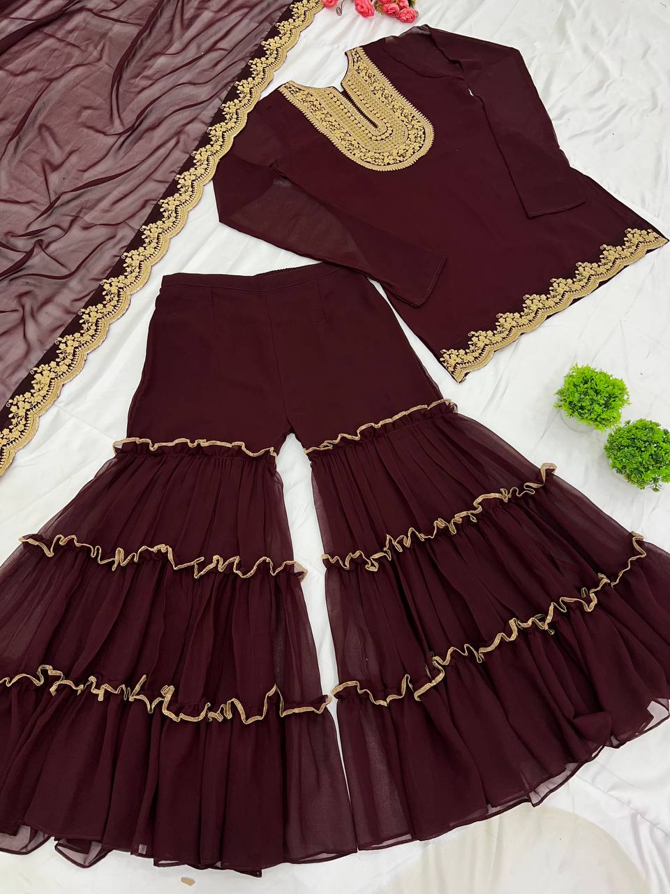 Ravishing Brown Color Blooming Faux Georgette With Heavy Embroidery Sequence Thread Work Palazzo Suit