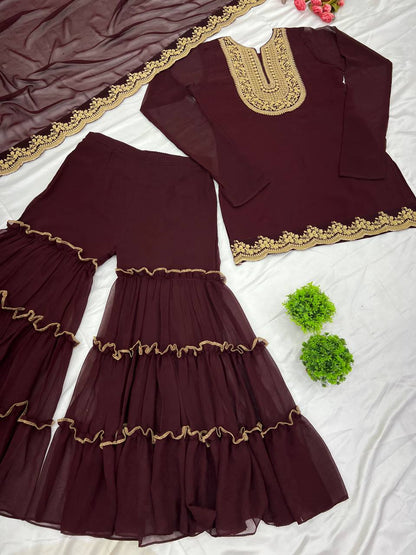 Ravishing Brown Color Blooming Faux Georgette With Heavy Embroidery Sequence Thread Work Palazzo Suit
