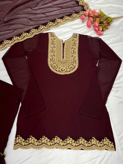 Ravishing Brown Color Blooming Faux Georgette With Heavy Embroidery Sequence Thread Work Palazzo Suit