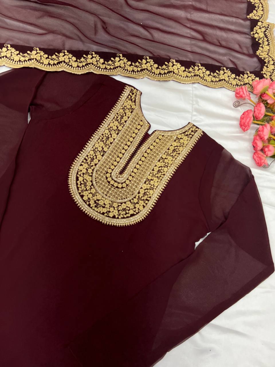 Ravishing Brown Color Blooming Faux Georgette With Heavy Embroidery Sequence Thread Work Palazzo Suit