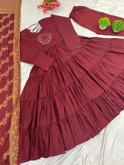 Reception Wear Maroon Color Heavy Roman Silk With Embroidery Sequence Work Anarkali Gown