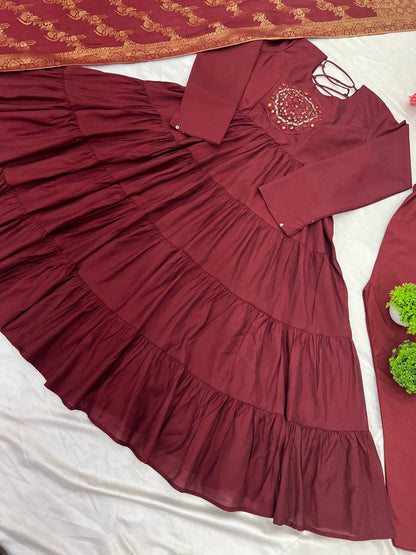 Reception Wear Maroon Color Heavy Roman Silk With Embroidery Sequence Work Anarkali Gown