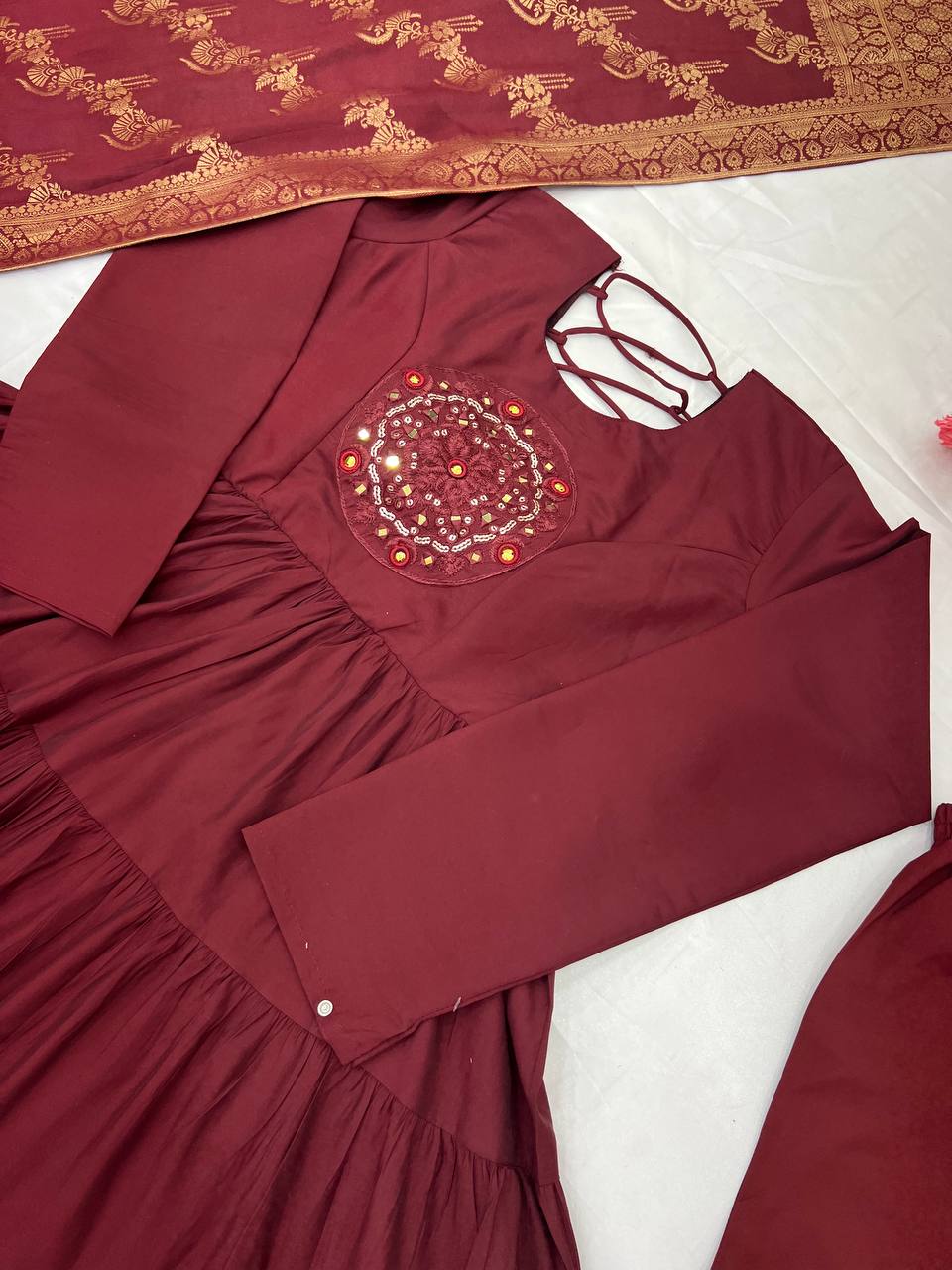 Reception Wear Maroon Color Heavy Roman Silk With Embroidery Sequence Work Anarkali Gown