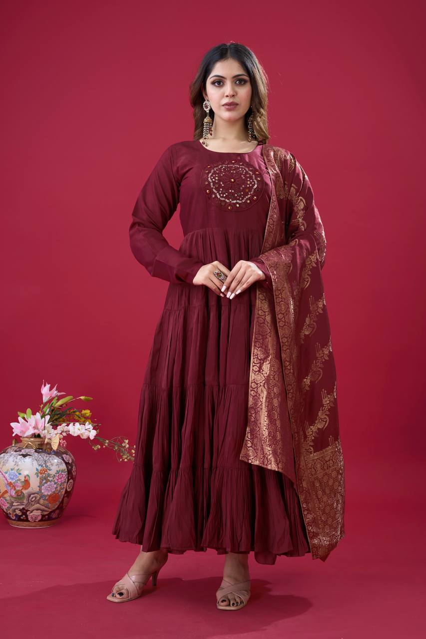 Reception Wear Maroon Color Heavy Roman Silk With Embroidery Sequence Work Anarkali Gown