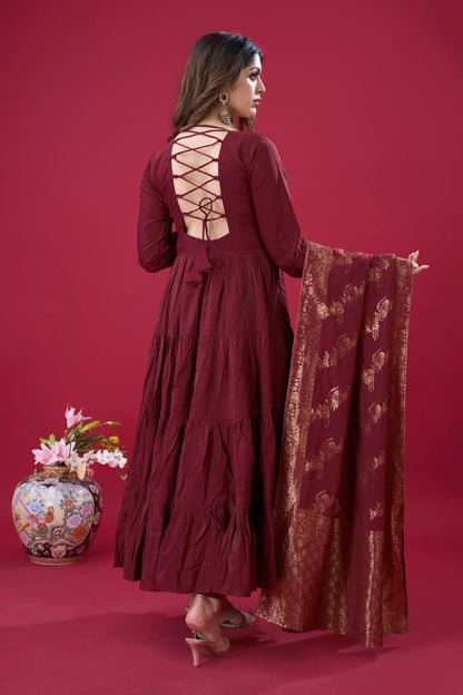 Reception Wear Maroon Color Heavy Roman Silk With Embroidery Sequence Work Anarkali Gown