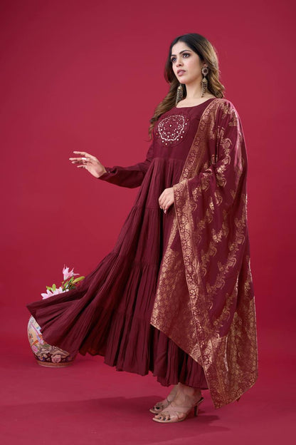Reception Wear Maroon Color Heavy Roman Silk With Embroidery Sequence Work Anarkali Gown