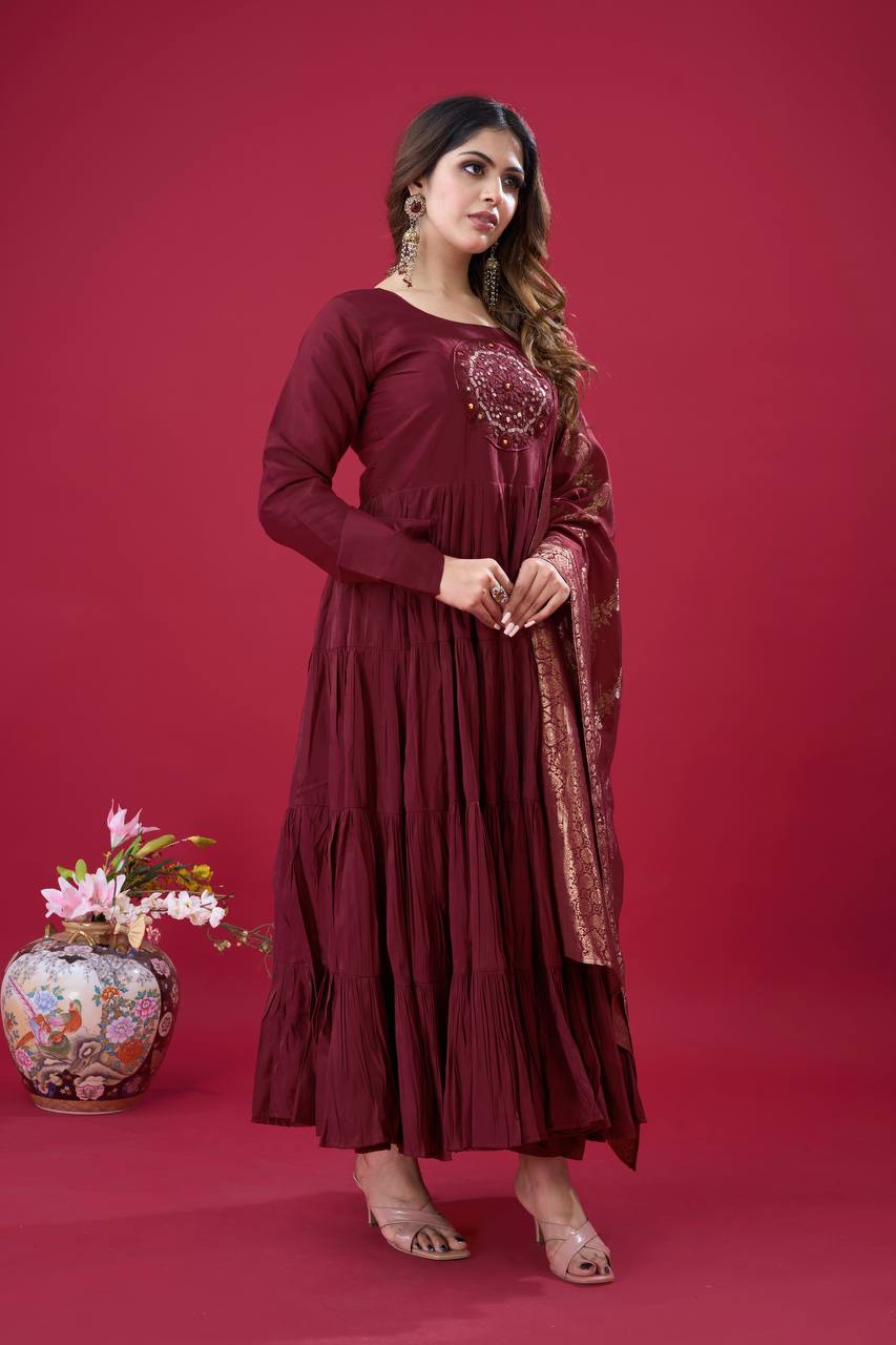 Reception Wear Maroon Color Heavy Roman Silk With Embroidery Sequence Work Anarkali Gown