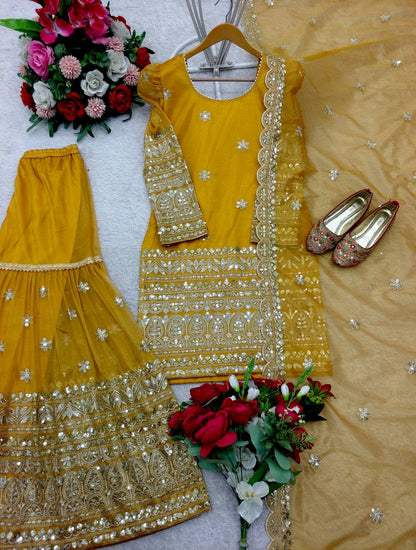 Ceremony Wear Haldi Special Yellow Color Pure Soft Twine Net With Heavy Embroidery Work Sharara Suit
