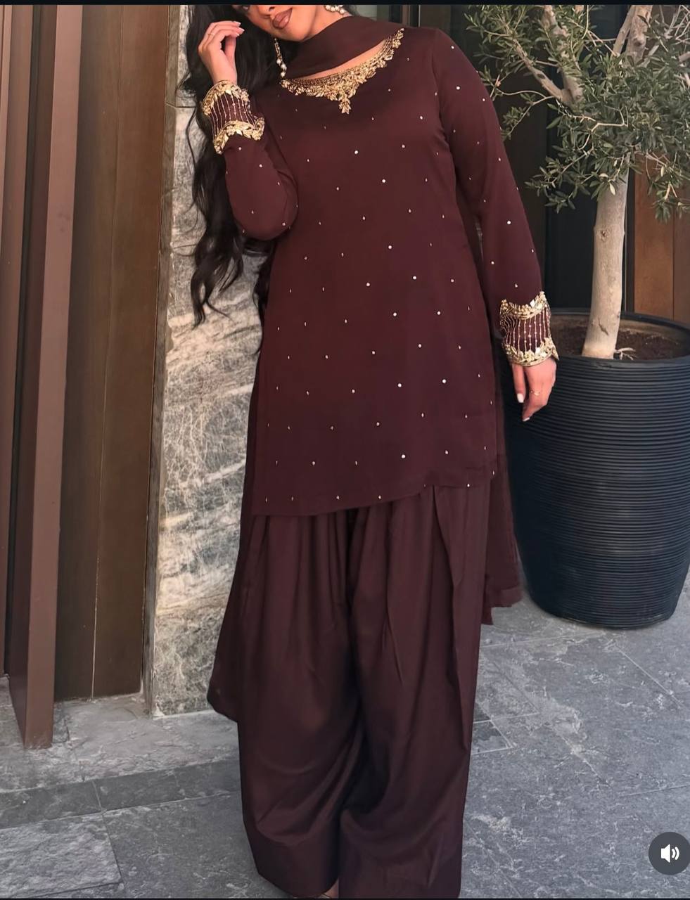 Casual Wear Brown Color Pure Blooming Georgette With Heavy Embroidery Sequence Work Sharara Suit