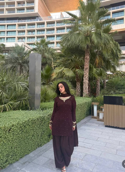 Casual Wear Brown Color Pure Blooming Georgette With Heavy Embroidery Sequence Work Sharara Suit