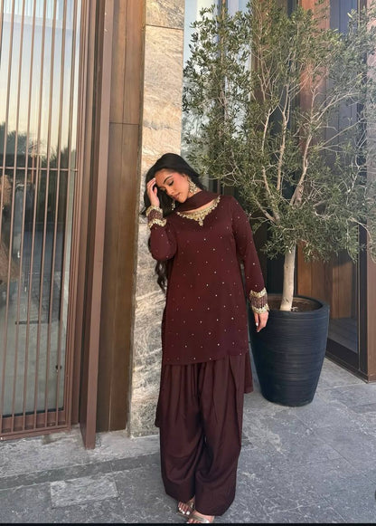 Casual Wear Brown Color Pure Blooming Georgette With Heavy Embroidery Sequence Work Sharara Suit