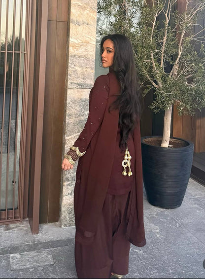 Casual Wear Brown Color Pure Blooming Georgette With Heavy Embroidery Sequence Work Sharara Suit