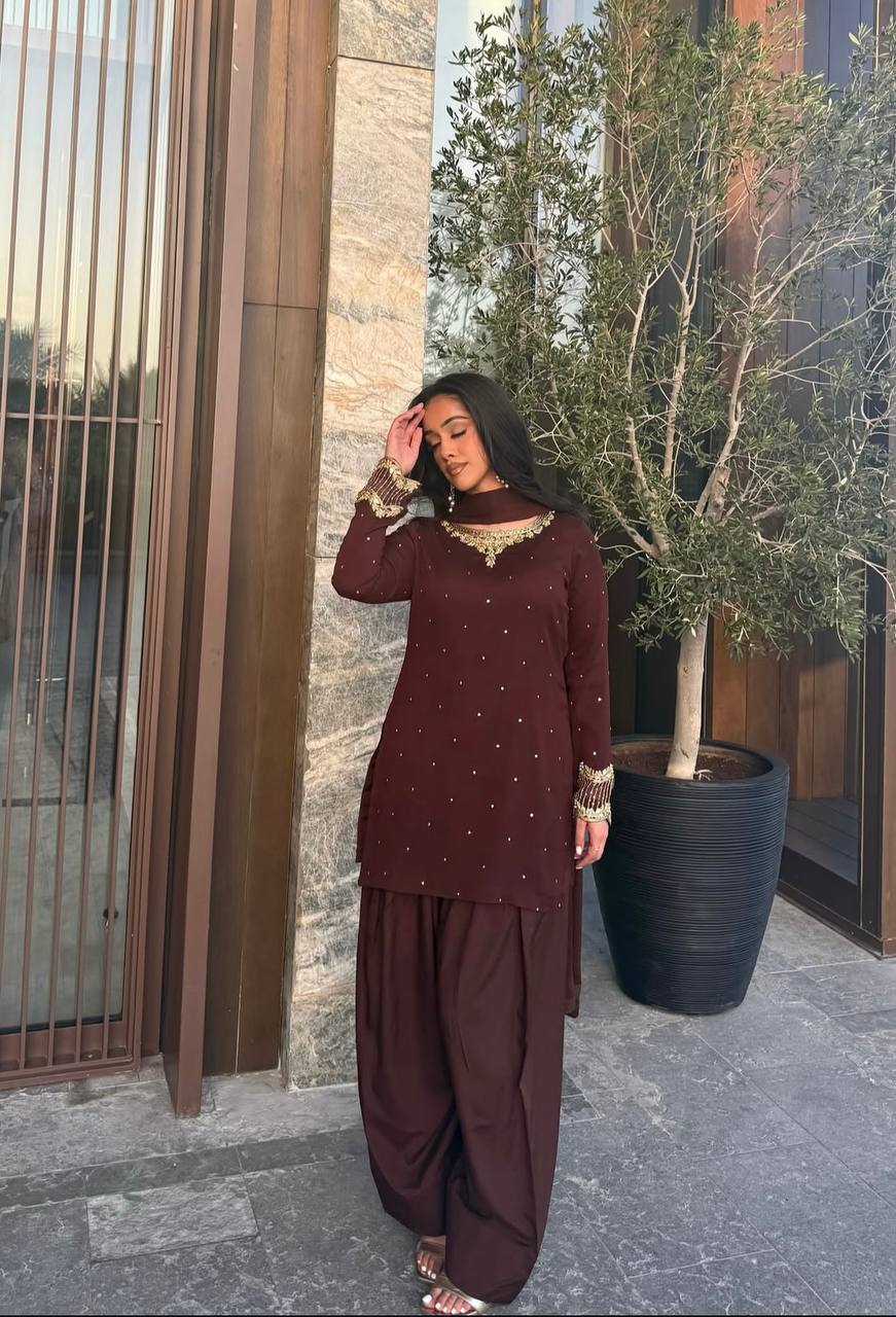 Casual Wear Brown Color Pure Blooming Georgette With Heavy Embroidery Sequence Work Sharara Suit