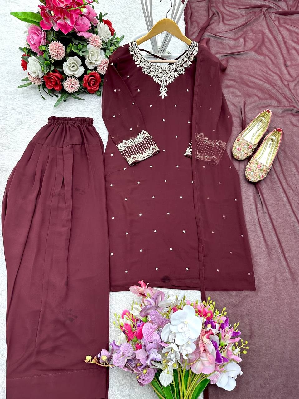 Casual Wear Brown Color Pure Blooming Georgette With Heavy Embroidery Sequence Work Sharara Suit