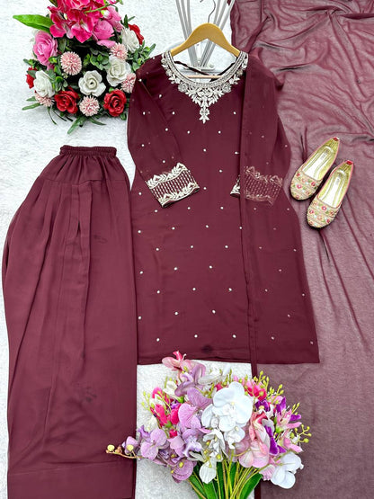 Casual Wear Brown Color Pure Blooming Georgette With Heavy Embroidery Sequence Work Sharara Suit