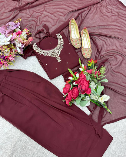 Casual Wear Brown Color Pure Blooming Georgette With Heavy Embroidery Sequence Work Sharara Suit