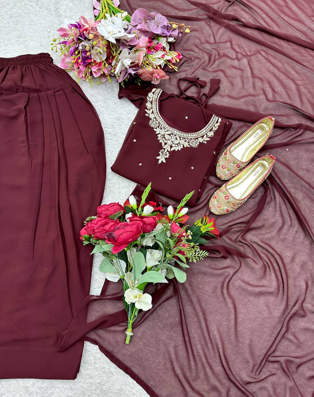 Casual Wear Brown Color Pure Blooming Georgette With Heavy Embroidery Sequence Work Sharara Suit