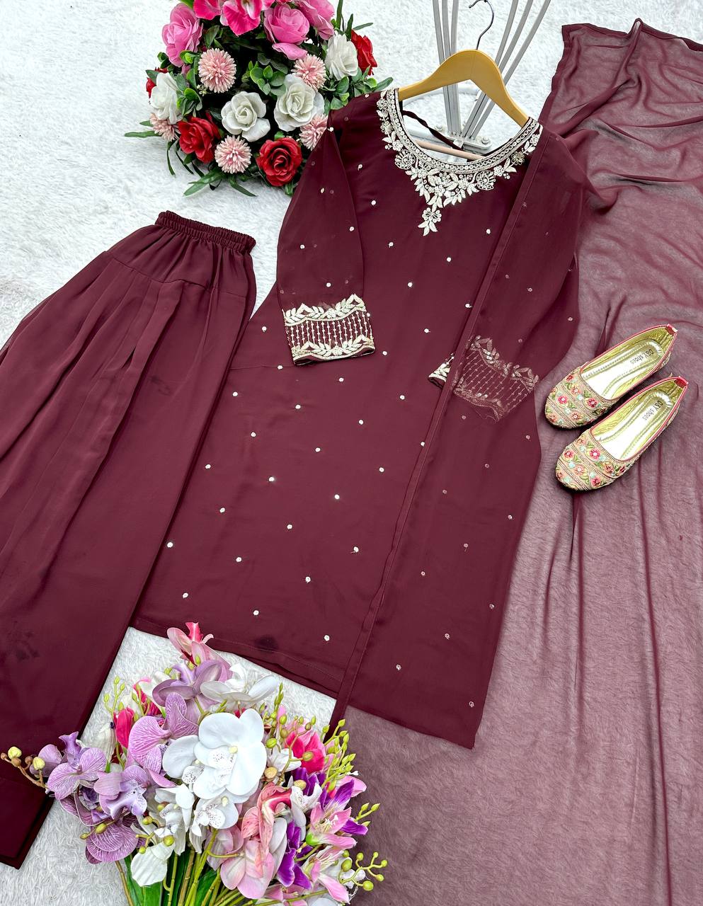 Casual Wear Brown Color Pure Blooming Georgette With Heavy Embroidery Sequence Work Sharara Suit