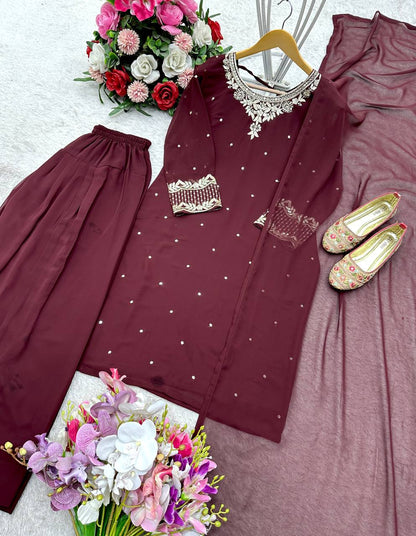 Casual Wear Brown Color Pure Blooming Georgette With Heavy Embroidery Sequence Work Sharara Suit