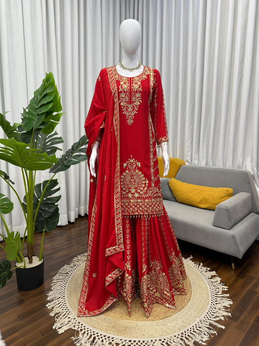 Wedding Wear Orange Color Thread Work Sharara Set