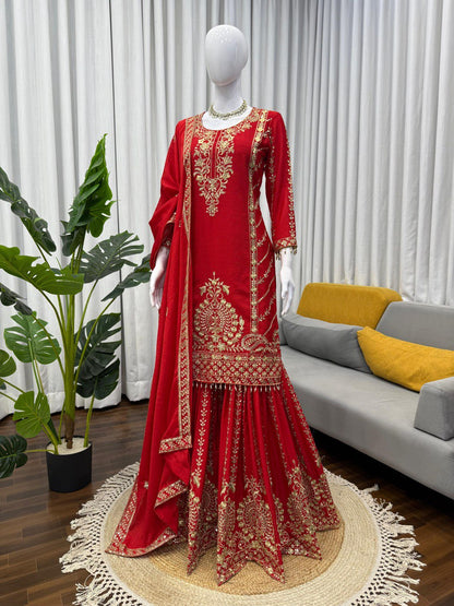 Wedding Wear Orange Color Thread Work Sharara Set