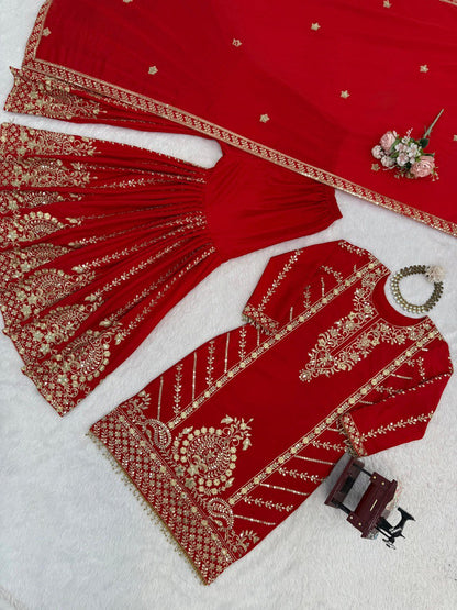 Wedding Wear Orange Color Thread Work Sharara Set