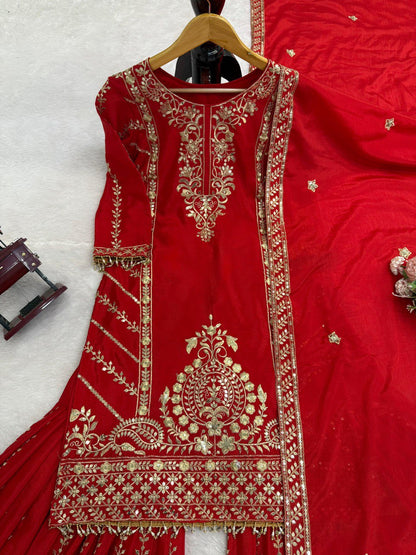 Wedding Wear Orange Color Thread Work Sharara Set