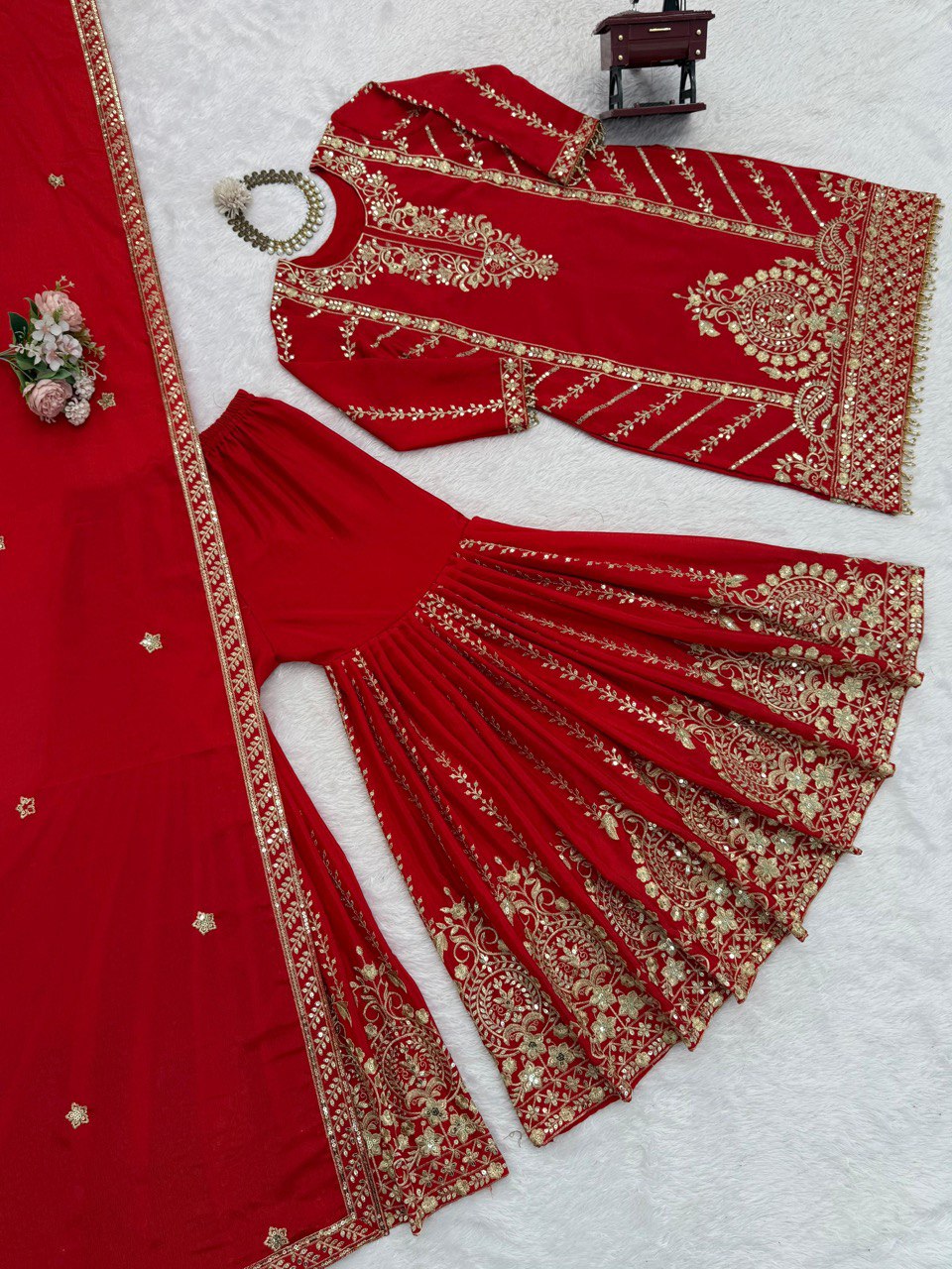 Wedding Wear Orange Color Thread Work Sharara Set