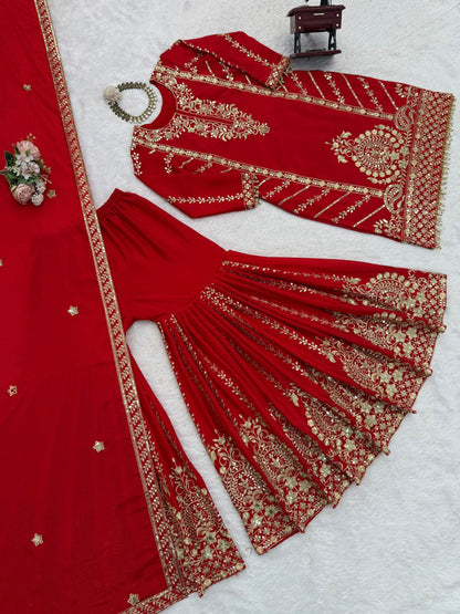 Wedding Wear Orange Color Thread Work Sharara Set