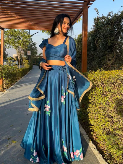 Wedding Wear Teal Blue Color Pure Chinon Hand Painted Lehenga Choli