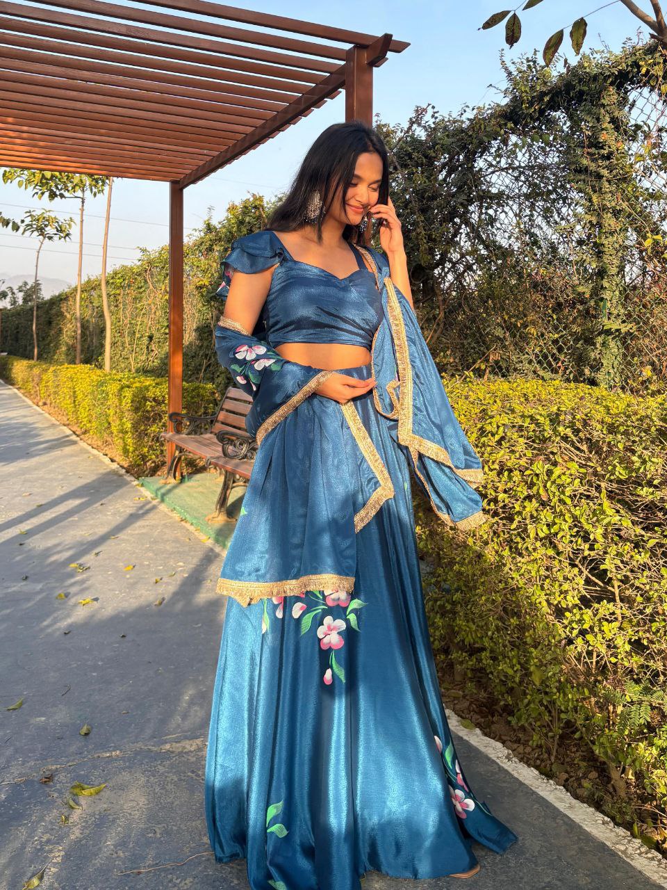 Wedding Wear Teal Blue Color Pure Chinon Hand Painted Lehenga Choli