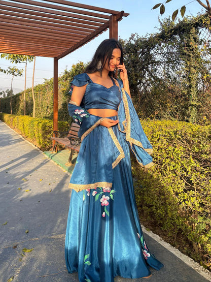 Wedding Wear Teal Blue Color Pure Chinon Hand Painted Lehenga Choli