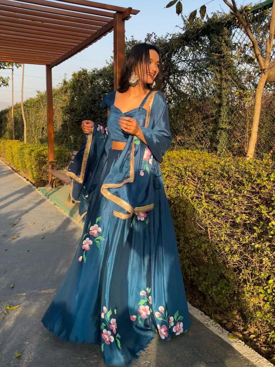 Wedding Wear Teal Blue Color Pure Chinon Hand Painted Lehenga Choli