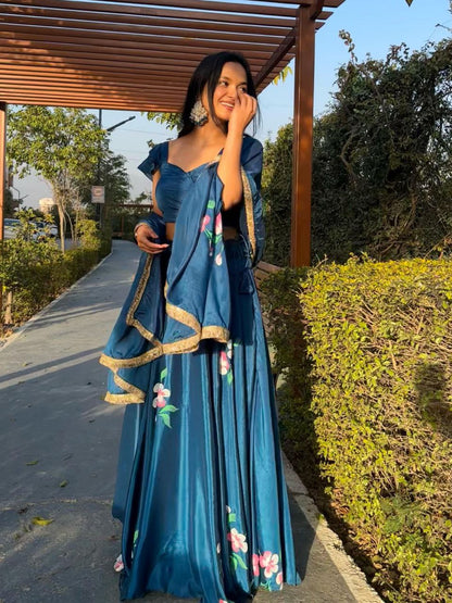 Wedding Wear Teal Blue Color Pure Chinon Hand Painted Lehenga Choli