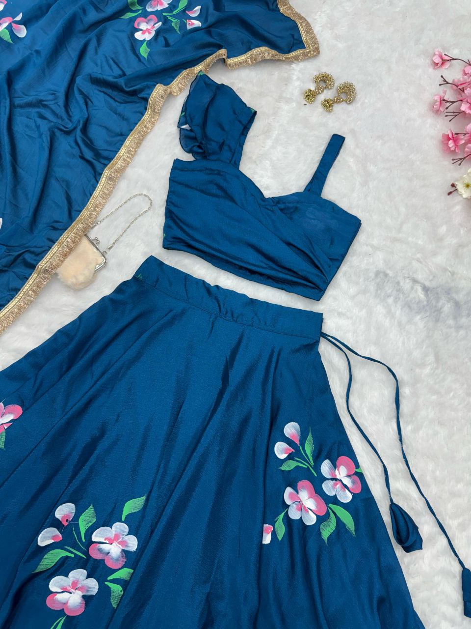 Wedding Wear Teal Blue Color Pure Chinon Hand Painted Lehenga Choli