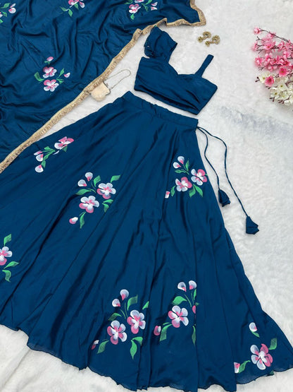Wedding Wear Teal Blue Color Pure Chinon Hand Painted Lehenga Choli