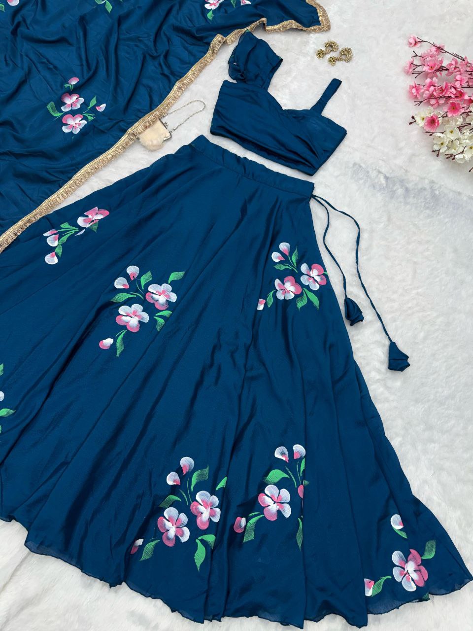 Wedding Wear Teal Blue Color Pure Chinon Hand Painted Lehenga Choli
