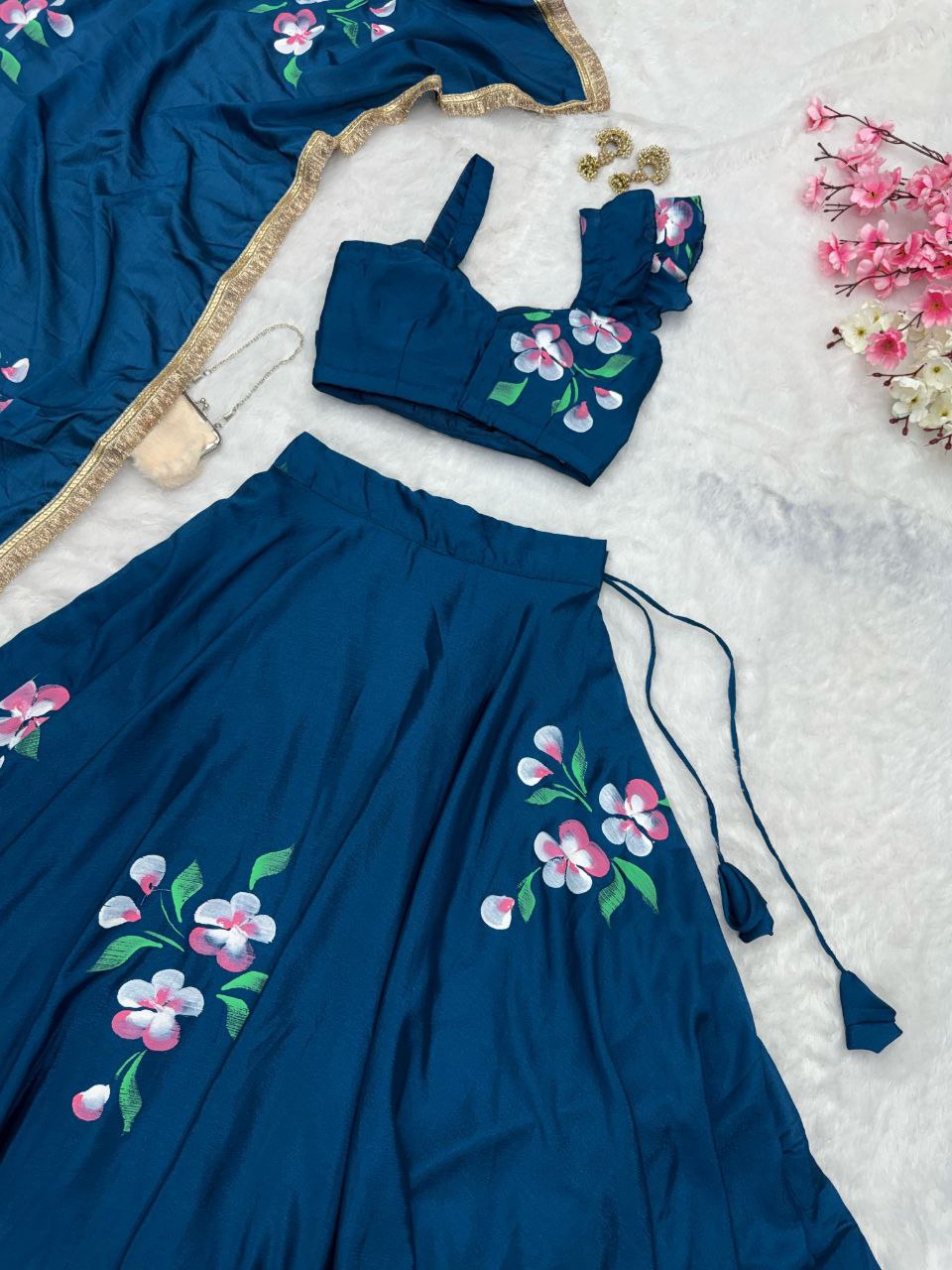 Wedding Wear Teal Blue Color Pure Chinon Hand Painted Lehenga Choli