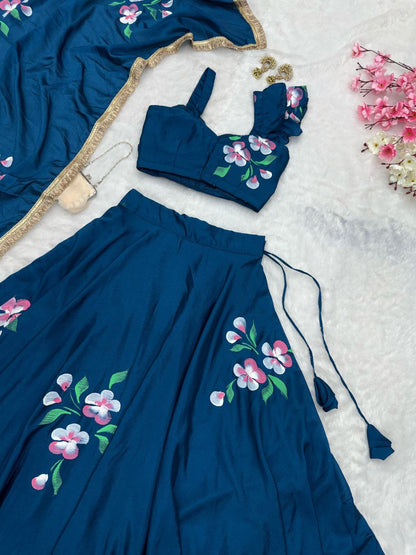 Wedding Wear Teal Blue Color Pure Chinon Hand Painted Lehenga Choli