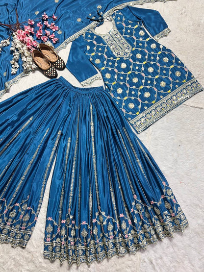 Luxuriant Teal Blue Color Pure Chinon Silk With Embroidery Coding Sequence Work Palazzo Suit