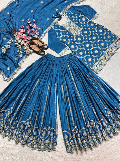 Luxuriant Teal Blue Color Pure Chinon Silk With Embroidery Coding Sequence Work Palazzo Suit
