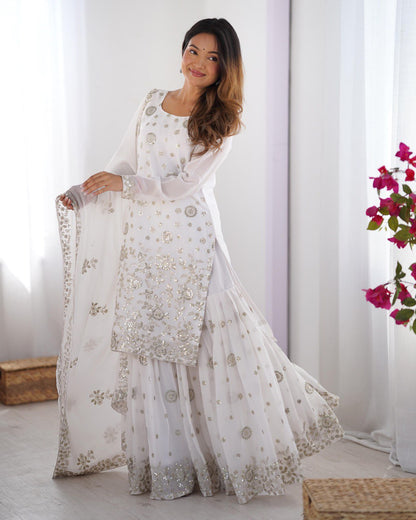 Wedding Wear White Star Georgette Thread With Sequence Work Sharara Suit