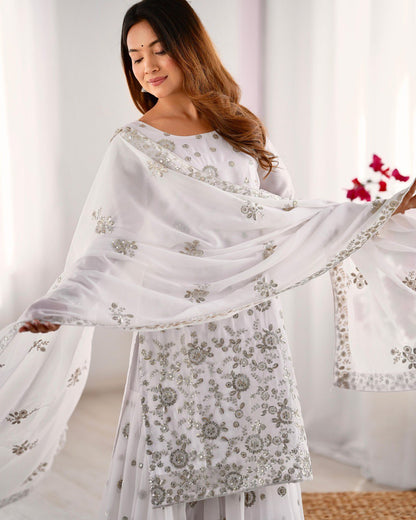 Wedding Wear White Star Georgette Thread With Sequence Work Sharara Suit