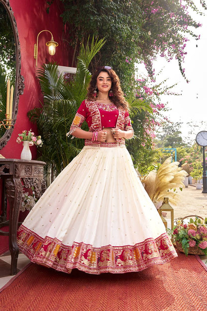 Blissful Pink Color Heavy Embroidery Thread Work Lehenga Choli With Koti