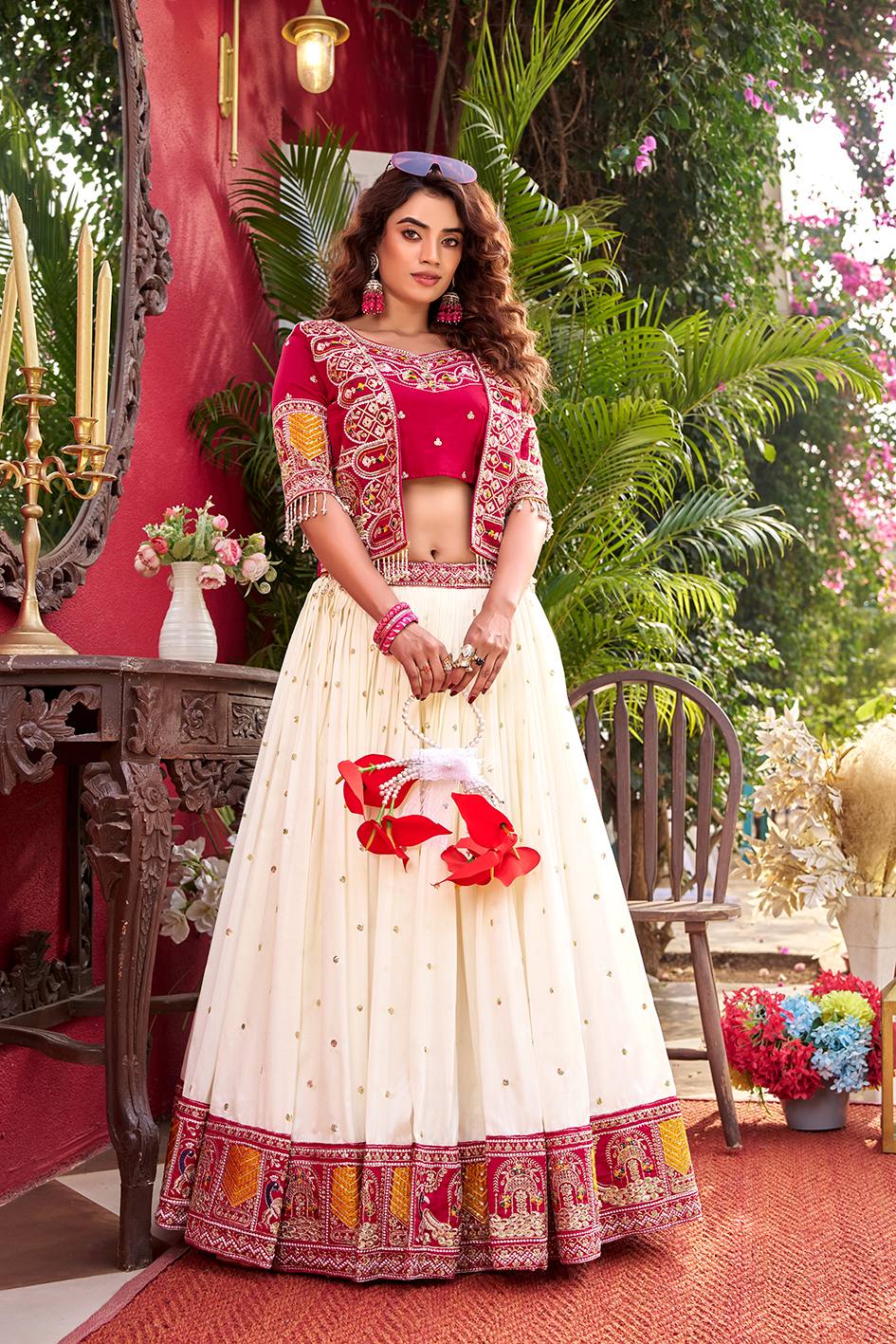 Blissful Pink Color Heavy Embroidery Thread Work Lehenga Choli With Koti
