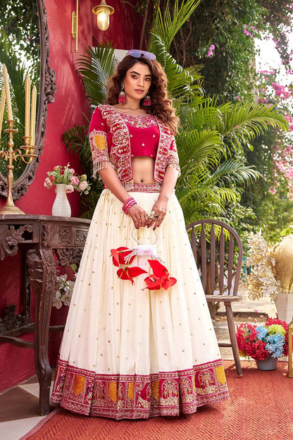 Blissful Pink Color Heavy Embroidery Thread Work Lehenga Choli With Koti