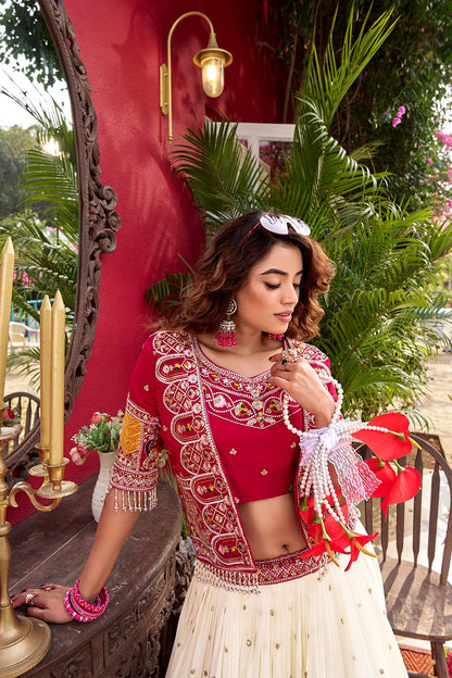 Blissful Pink Color Heavy Embroidery Thread Work Lehenga Choli With Koti