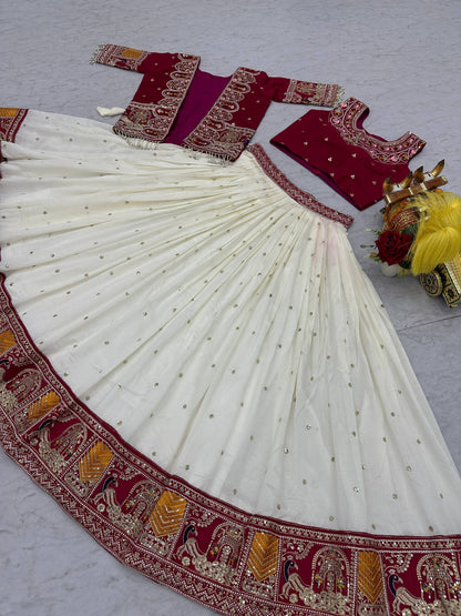 Blissful Pink Color Heavy Embroidery Thread Work Lehenga Choli With Koti