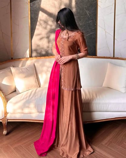 Eye Catching Brown Color Sequence Embroidered Plazzo Suit With Dupatta